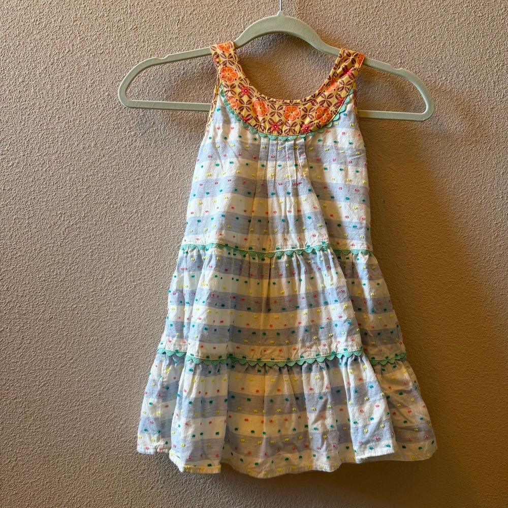 Matilda Jane Girls Size 6 Tiered Striped Floral Embroidered Dot Cross Back Dress